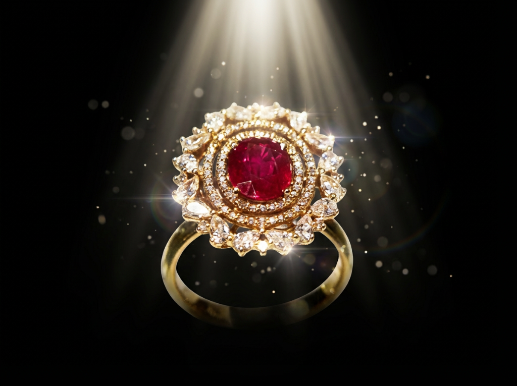 루비 다이아몬드 플라워 링